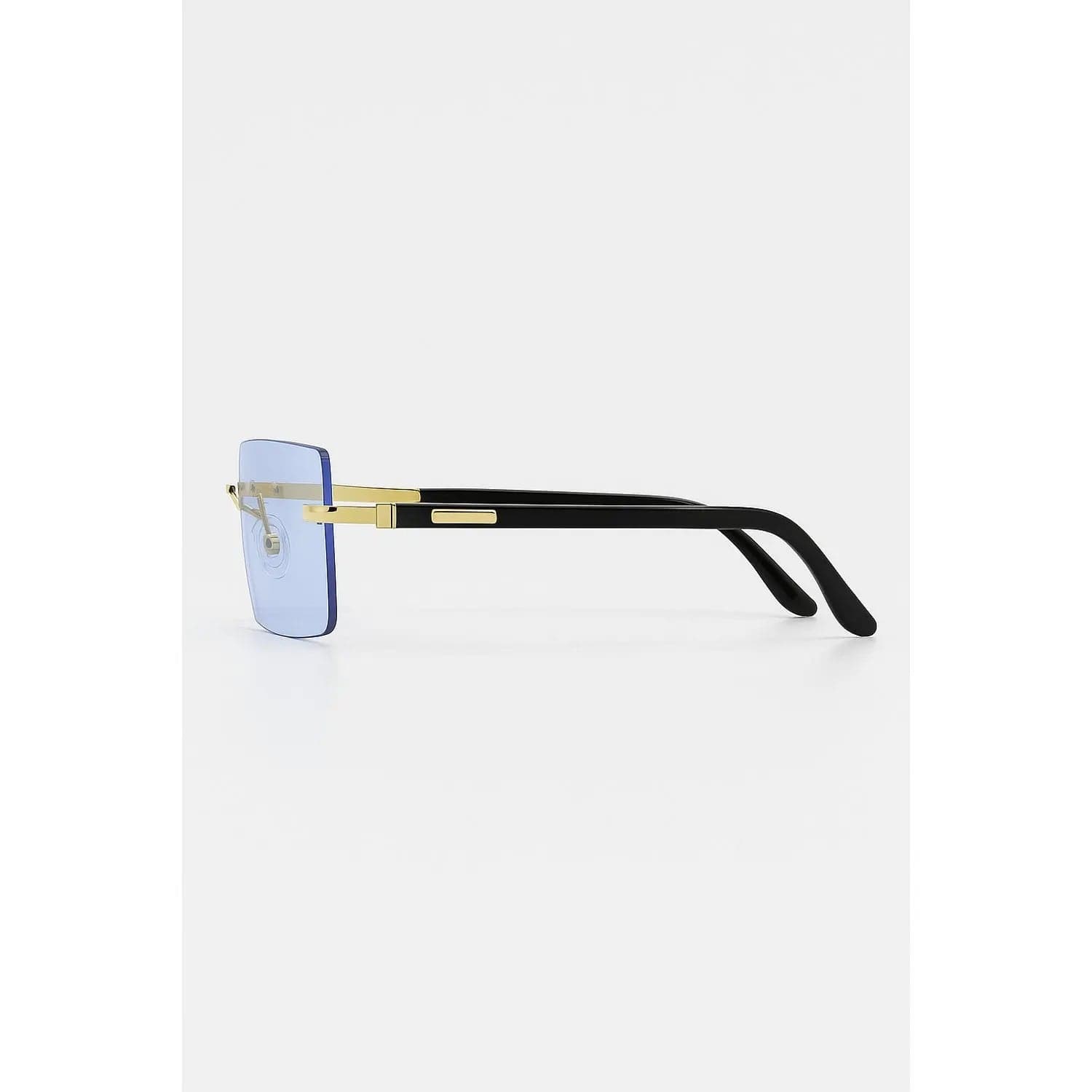 Side view of VISQUE AURUM retro sunglasses in blue with black frames and gold detailing.