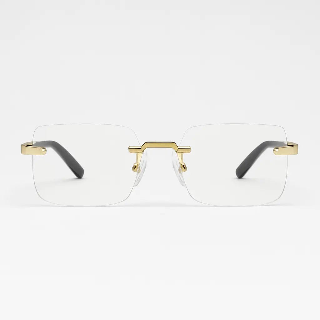 VISQUE AURUM rectangular sunglasses with vintage flair, featuring a gold frame and black temples on a white background.