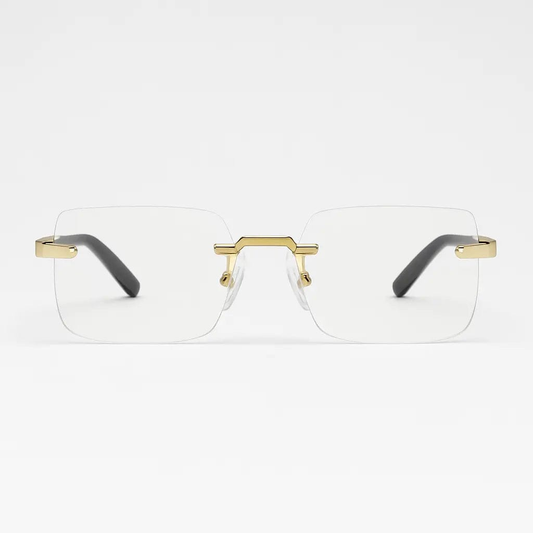 VISQUE AURUM rectangular sunglasses with vintage flair, featuring a gold frame and black temples on a white background.