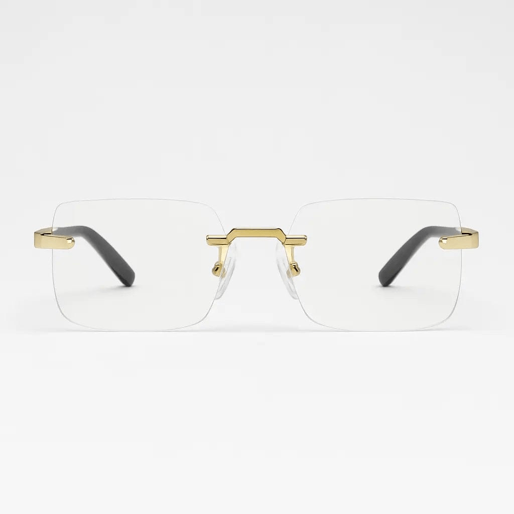 VISQUE AURUM rectangular sunglasses with vintage flair, featuring a gold frame and black temples on a white background.